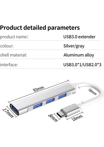 USB Type-C Çoklayıcı Hub - 4 Port USB Çoğaltıcı (1x USB 3.0 + 3x USB 2.0) Yüksek Hızlı Adaptör