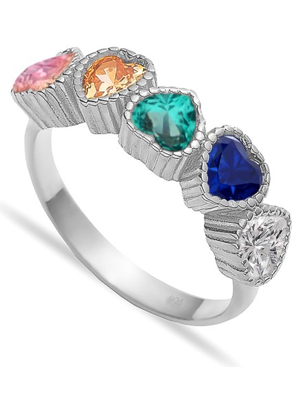 925 Ayar Gümüş Rainbow Sıralı Kalp Yüzük