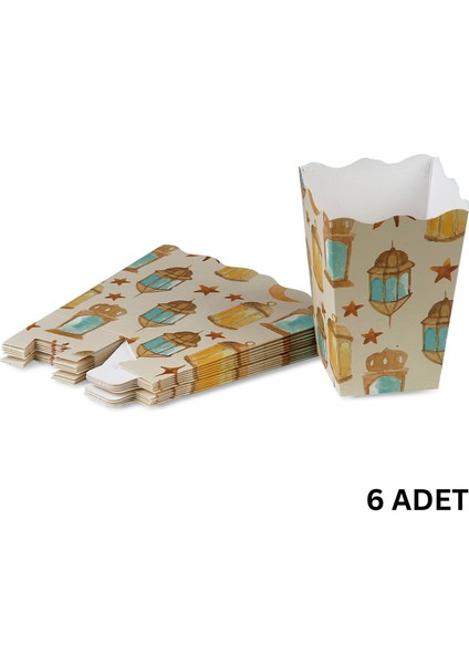 6lı Ramazan Temalı Patlamış Mısır, Şeker Kutusu, Popcorn, Ikram Kutusu, 6X6X11 Cm, Krem Renk