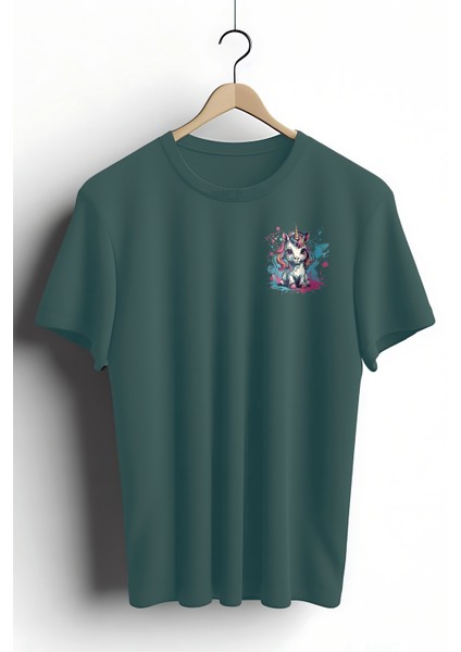 Unisex T-Shirt, Animals, Unicorn Tasarım Baskılı, Regular, Koyu Yeşil T-Shirt NO:00312