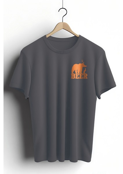 Unisex T-Shirt, Bear Beer Tasarım Baskılı, Regular, Pamuk, Antrasit T-Shirt NO:00207