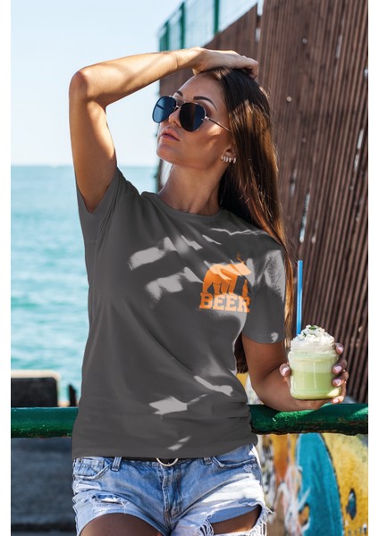 Unisex T-Shirt, Bear Beer Tasarım Baskılı, Regular, Pamuk, Antrasit T-Shirt NO:00207