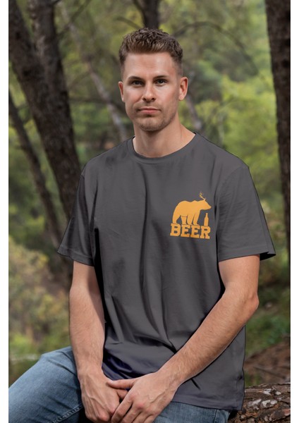 Unisex T-Shirt, Bear Beer Tasarım Baskılı, Regular, Pamuk, Antrasit T-Shirt NO:00207