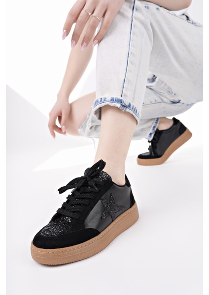 Bonnie Kadın Kalın Taban Taşlı Leopar Desenli Bağcıklı Günlük Sneaker Spor Ayakkabı