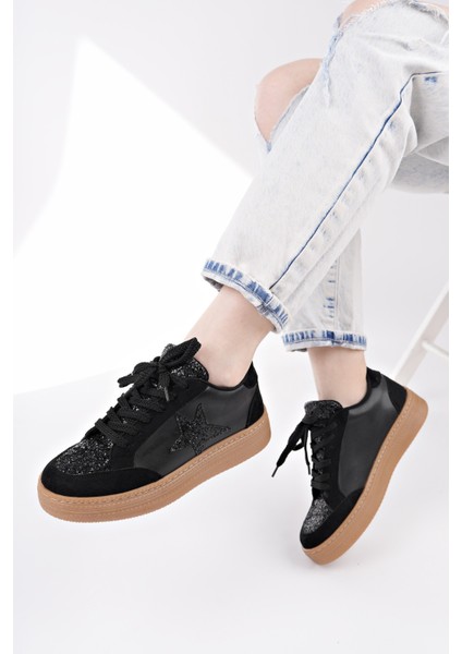 Bonnie Kadın Kalın Taban Taşlı Leopar Desenli Bağcıklı Günlük Sneaker Spor Ayakkabı