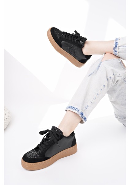 Bonnie Kadın Kalın Taban Taşlı Leopar Desenli Bağcıklı Günlük Sneaker Spor Ayakkabı