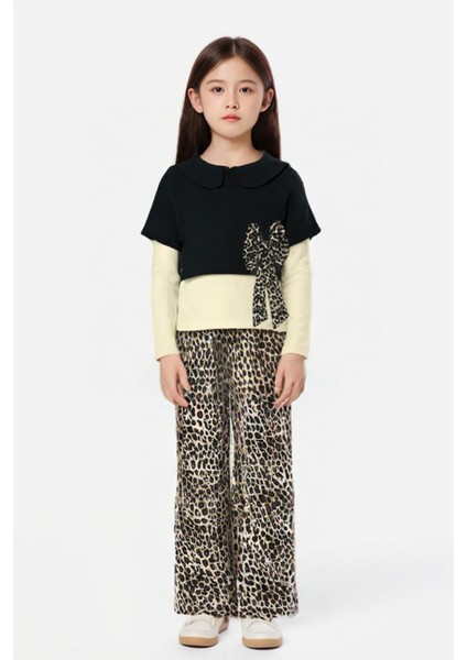Kız Çocuk Fiyonk Detaylı Bluz ve Leopar Desenli Bol Paça Pantolon 2'li Takım