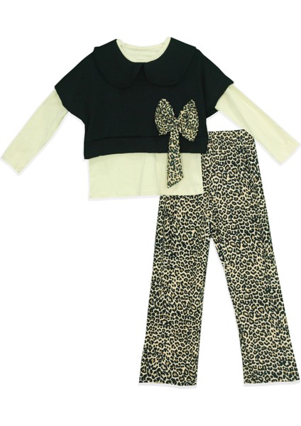 Kız Çocuk Fiyonk Detaylı Bluz ve Leopar Desenli Bol Paça Pantolon 2'li Takım