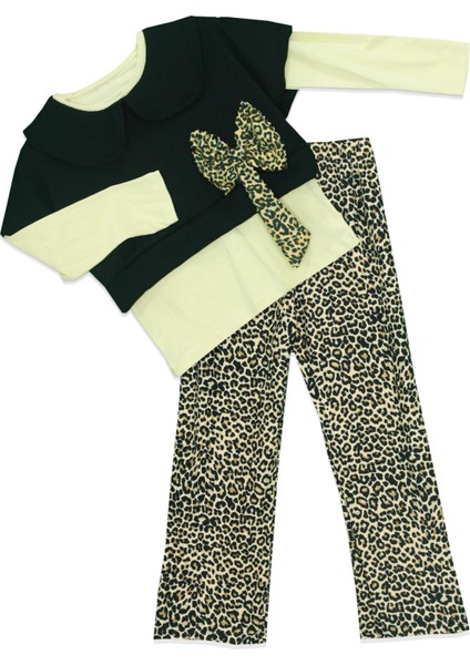Kız Çocuk Fiyonk Detaylı Bluz ve Leopar Desenli Bol Paça Pantolon 2'li Takım