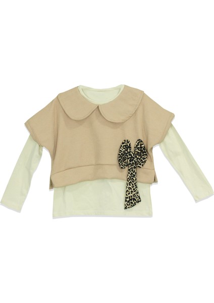 Kız Çocuk Fiyonk Detaylı Bluz ve Leopar Desenli Bol Paça Pantolon 2'li Takım