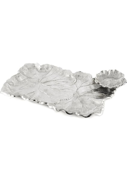 Gümüş Yaprak Sosluklu Tabak 38X26 cm