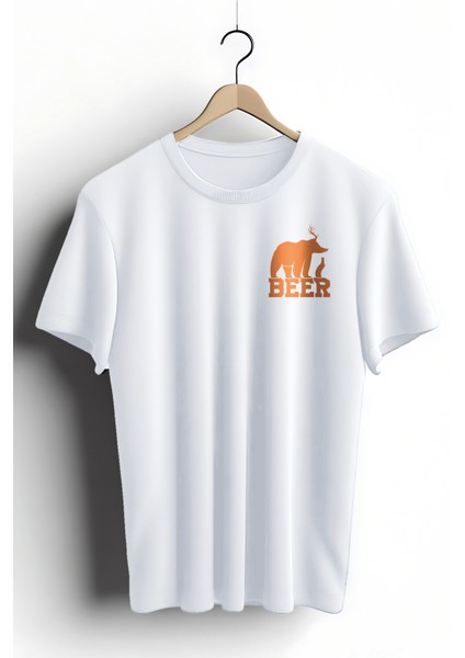 Unisex T-Shirt, Bear Beer Tasarım Baskılı, Regular, Pamuk, Beyaz T-Shirt NO:00207