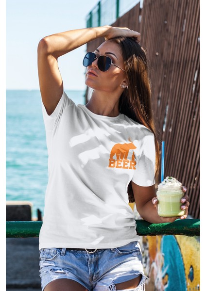 Unisex T-Shirt, Bear Beer Tasarım Baskılı, Regular, Pamuk, Beyaz T-Shirt NO:00207 fiyatları