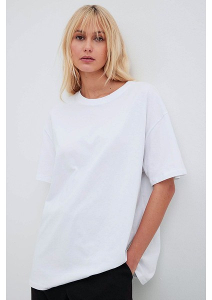 %100 Organik Pamuklu Oversize Basic Beyaz Kadın T-Shirt