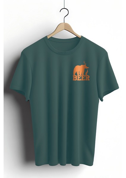 Unisex T-Shirt, Bear Beer Tasarım Baskılı, Regular, Pamuk, Koyu Yeşil T-Shirt NO:00207