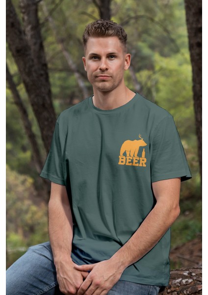 Unisex T-Shirt, Bear Beer Tasarım Baskılı, Regular, Pamuk, Koyu Yeşil T-Shirt NO:00207 modelleri