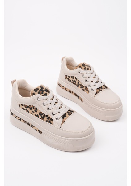Zarina Kadın Kalın Taban Leopar Desenli Bağcıklı Günlük Sneaker Spor Ayakkabı