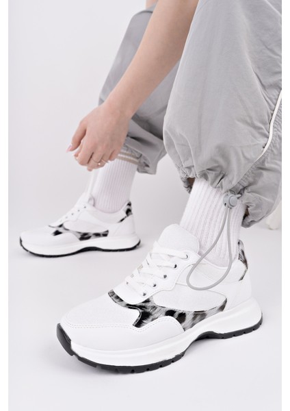 Melody Kadın Kalın Taban Günlük Leopar Desenli Bağcıklı Sneaker Spor Ayakkabı