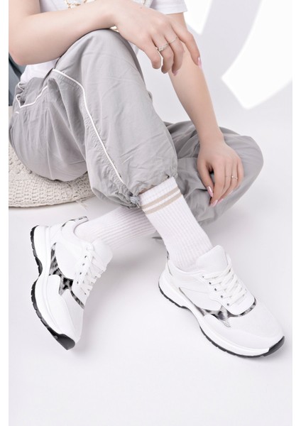 Melody Kadın Kalın Taban Günlük Leopar Desenli Bağcıklı Sneaker Spor Ayakkabı