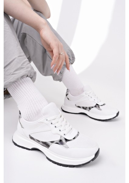 Melody Kadın Kalın Taban Günlük Leopar Desenli Bağcıklı Sneaker Spor Ayakkabı