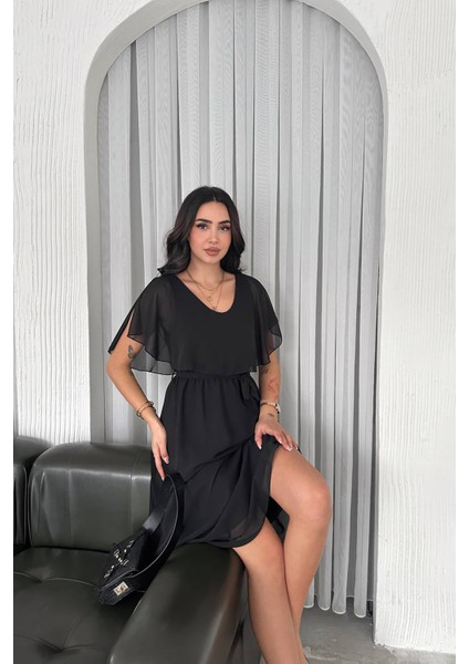 Kadın Kuşaklı Midi Boy Şifon Elbise NBK4116 modelleri