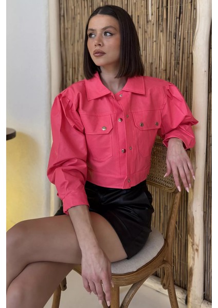 Kadın Çift Cepli Çıtçıtlı Crop Top Suni Deri Ceket