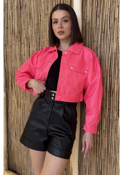 Kadın Çift Cepli Çıtçıtlı Crop Top Suni Deri Ceket
