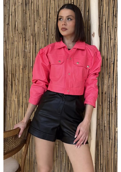 Kadın Çift Cepli Çıtçıtlı Crop Top Suni Deri Ceket