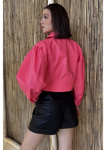 Kadın Çift Cepli Çıtçıtlı Crop Top Suni Deri Ceket