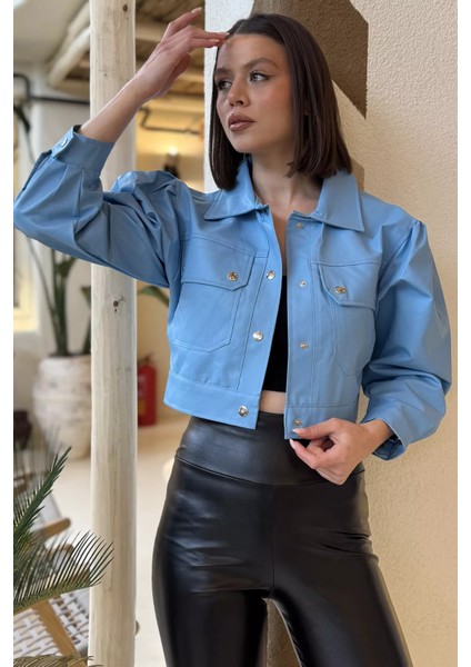 Kadın Çift Cepli Çıtçıtlı Crop Top Suni Deri Ceket
