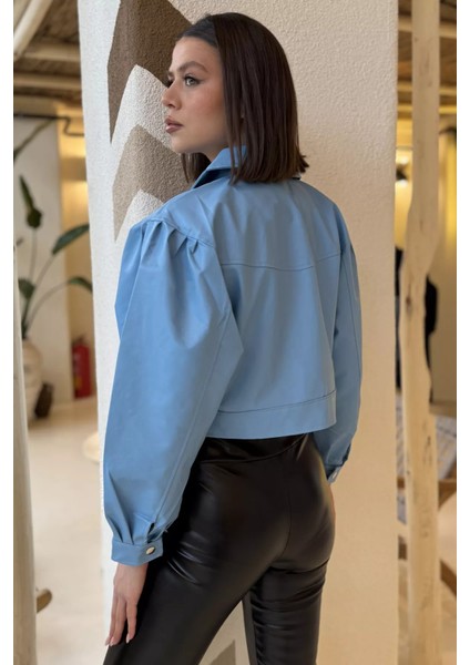 Kadın Çift Cepli Çıtçıtlı Crop Top Suni Deri Ceket