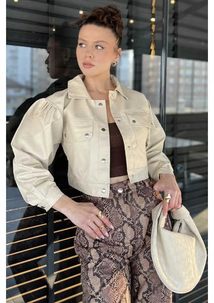 Kadın Çift Cepli Çıtçıtlı Crop Top Suni Deri Ceket