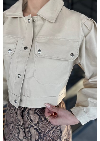 Kadın Çift Cepli Çıtçıtlı Crop Top Suni Deri Ceket