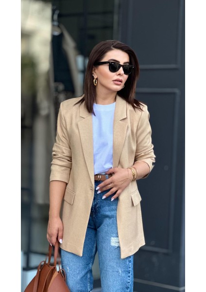 Taş Tek Düğme Yün Efekt Blazer Ceket
