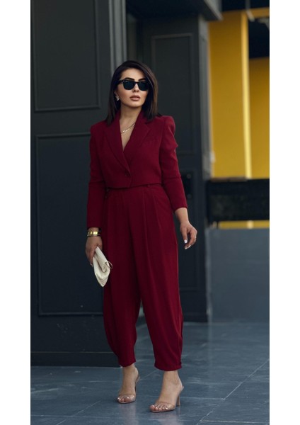 Bordo Premıum Astarlı Düğmeli Crop Ceket