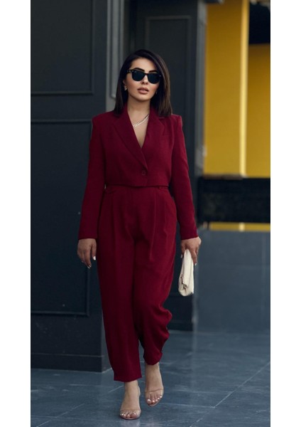 Bordo Premıum Astarlı Düğmeli Crop Ceket