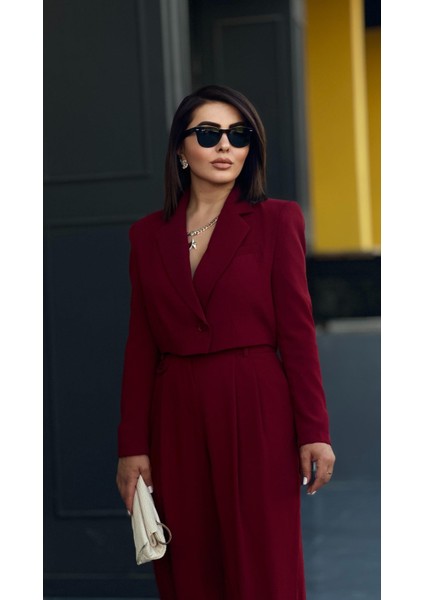 Bordo Premıum Astarlı Düğmeli Crop Ceket