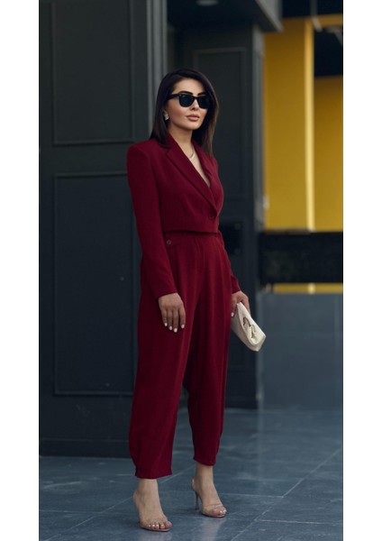 Bordo Premıum Astarlı Düğmeli Crop Ceket