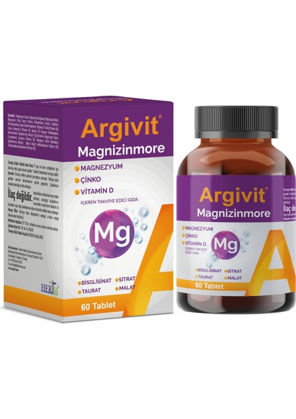 Magnizinmore Magnezyum, Çinko ve Vitamin D Içeren Takviye Edici Gıda 60 Tablet