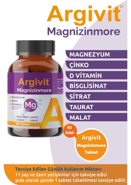 Magnizinmore Magnezyum, Çinko ve Vitamin D Içeren Takviye Edici Gıda 60 Tablet