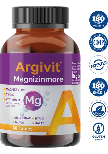 Magnizinmore Magnezyum, Çinko ve Vitamin D Içeren Takviye Edici Gıda 60 Tablet
