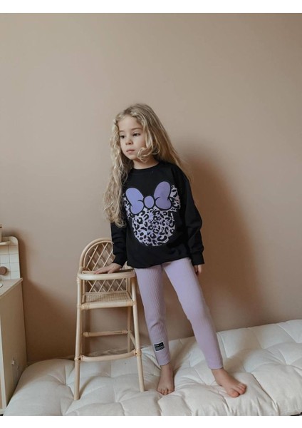 Kız Çocuk Leopar Desen Fitilli Taytlı Kız Çocuk Takım 1631 Lila