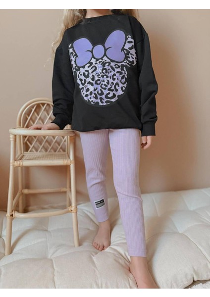 Kız Çocuk Leopar Desen Fitilli Taytlı Kız Çocuk Takım 1631 Lila