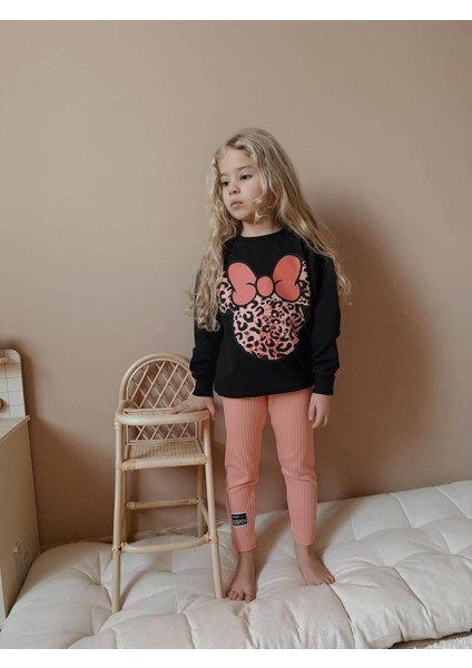 Kız Çocuk Leopar Desen Fitilli Taytlı Kız Çocuk Takım 1631S