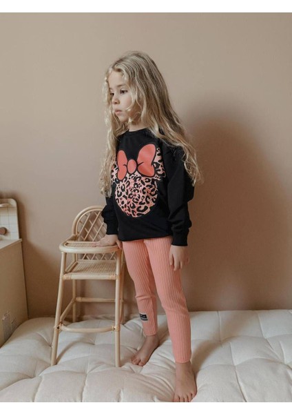 Kız Çocuk Leopar Desen Fitilli Taytlı Kız Çocuk Takım 1631S
