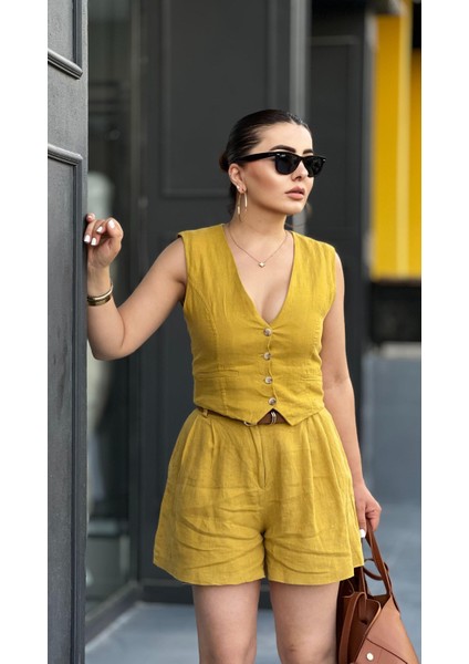 Hardal Ham Keten Astarı Pamuklu Yelek