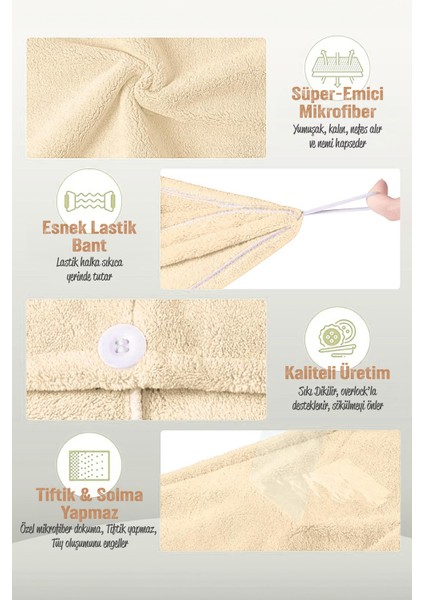 2 Adet Mikrofiber Saç Havlusu Lastikli Plaj Deniz Havuz Bonesi Banyo Saç Kurutma Baş Havlusu Krem