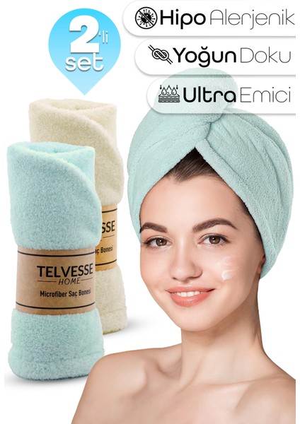2li Set Mikrofiber Saç Havlusu Plaj Deniz Havuz Bonesi Banyo Saç Kurutma Baş Havlusu Krem-Turkuaz