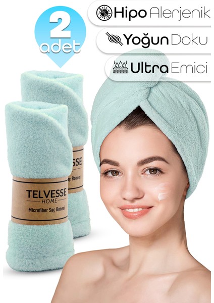 2 Adet Mikrofiber Saç Havlusu Lastikli Plaj Deniz Havuz Bonesi Banyo Saç Kurutma Baş Havlusu Turkuaz
