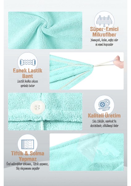 2 Adet Mikrofiber Saç Havlusu Lastikli Plaj Deniz Havuz Bonesi Banyo Saç Kurutma Baş Havlusu Turkuaz